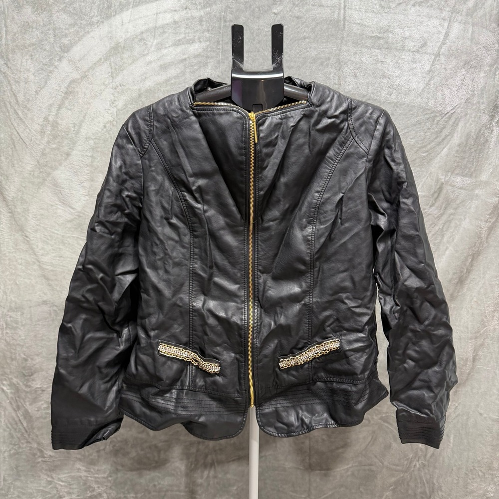 Roz Ali Womens Black‎ Faux Leather Jacket Gold Zipper Chain Detail Size XL